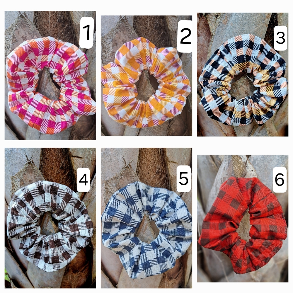 ONE Cotton Scrunchie Hair Tie Plaid Collection Pink Orange Black Brown Blue